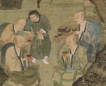 钱起所作的《与赵莒茶宴》，描绘了一幅雅境啜茗图